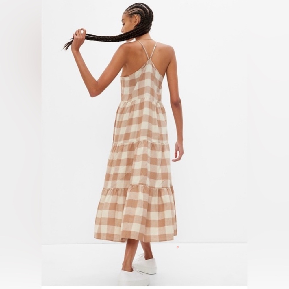 Gap Linen Blend Button Front Checkered Cami Maxi Dress Sz M - Picture 2 of 2